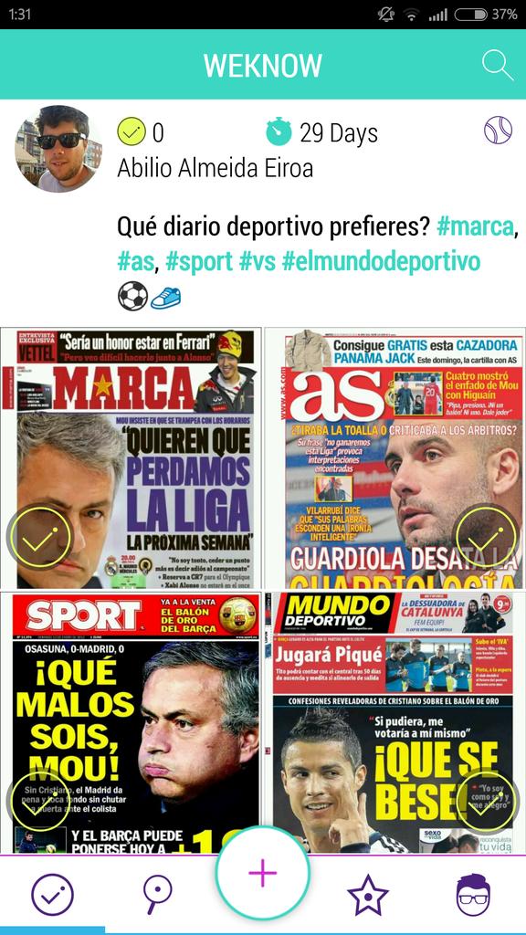 weknower's tweet photo. Qué diario deportivo prefieres? @marca, @diarioas, @sport #vs @mundodeportivo ⚽👟 http://t.co/VtH62upL5t http://t.co/CkBLPnvmu7