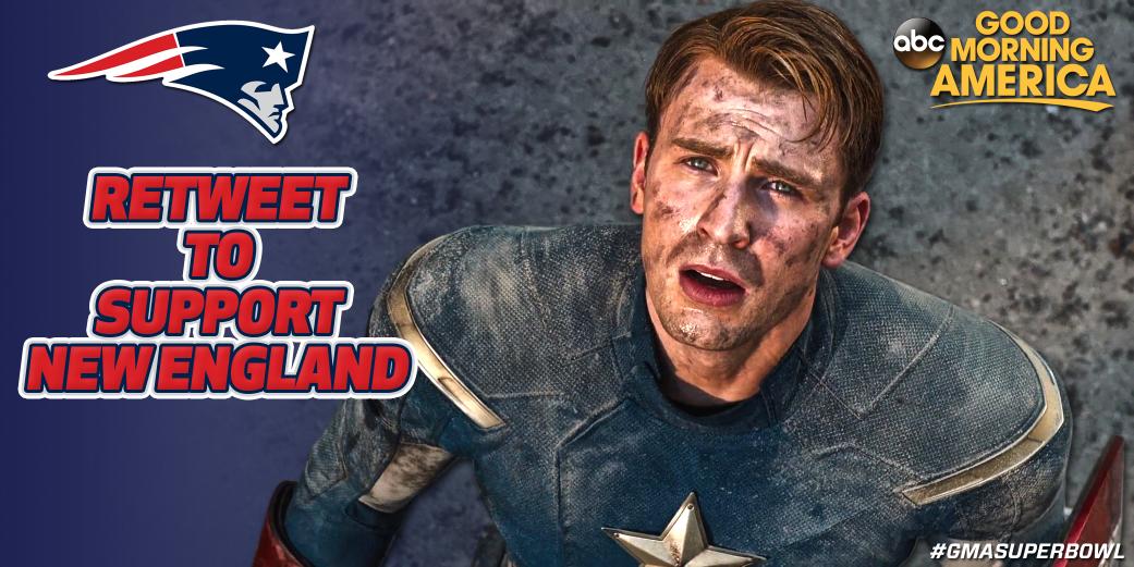 GMA's tweet image. Retweet if you choose @ChrisEvans. Will @CaptainAmerica (@Patriots fan) celebrate on @SuperBowl Sunday? #GMASuperBowl