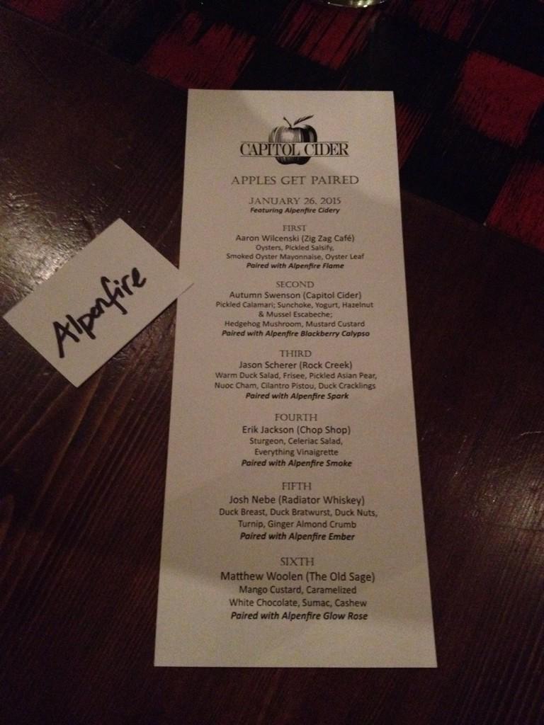 AlpenfireCider's tweet photo. #applesgetpaired dinner at @capitolcider happening now! Check out the delicious menu we'll be enjoying! http://t.co/LWh6jBE4xE