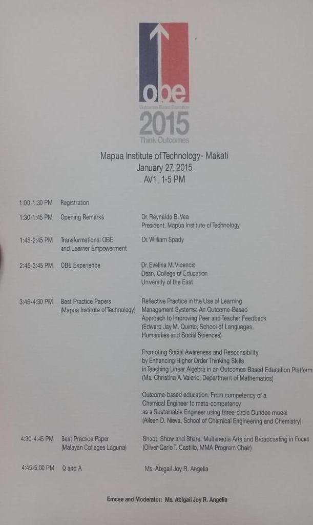 MCLkamalayan's tweet photo. #HappeningNow  #OBE2015 Conference at Mapúa Makati. #MapuaXC #MapuaAt90 http://t.co/IpQqaS6NGj |  via @SirQuintoFTW @OneMapua