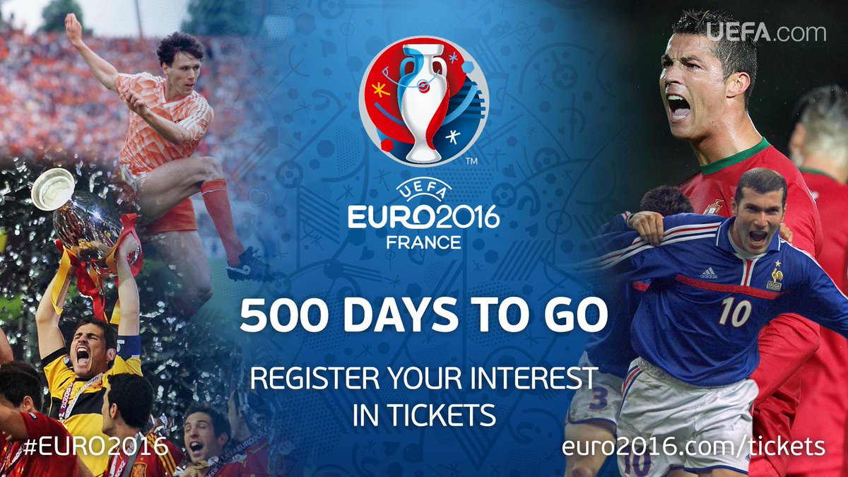 UEFAEURO's tweet photo. With 500 days to go until #EURO2016, now is the time to register your interest in tickets! http://t.co/lEHIRLsHv2 http://t.co/MPQKABQsOw