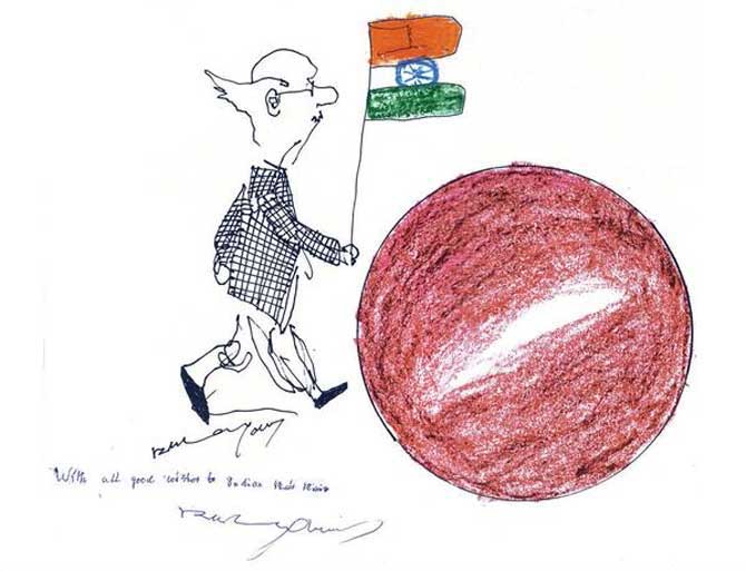 CNNnews18's tweet photo. #RIPCommonMan | @isro pays tribute to RK Laxman, tweets his last cartoon on Mangalyaan
http://t.co/HdPrfJcaxD http://t.co/XV4iDeDvww