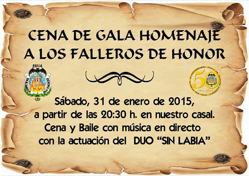 Falla_Floresta's tweet photo. Sábado 31/01 Cena Homenaje Falleros de Honor 2015 y después baile en el casal #fallas2015 #Falles http://t.co/SuBwNLxiRR