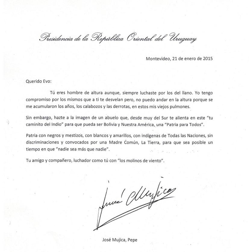 UNAMUN's tweet image. Mujica envía a Morales una emotiva felicitación por su tercer mandato.