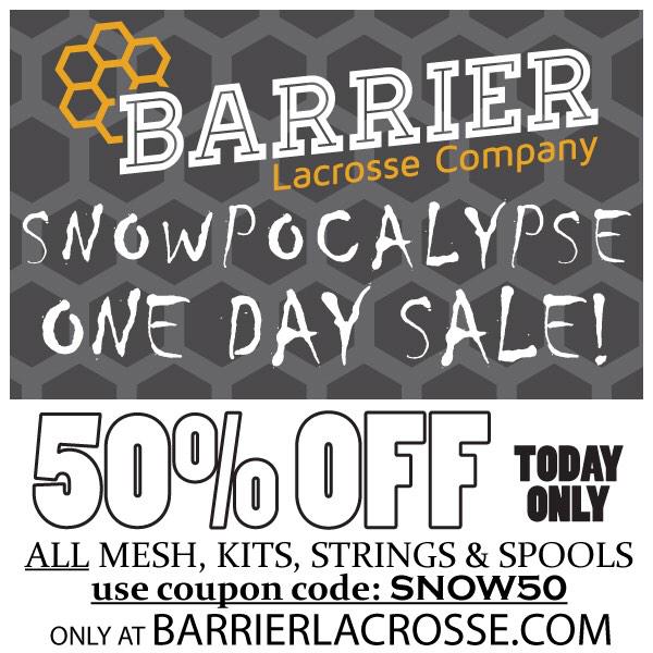 barrierlaxco's tweet photo. Stuck inside all day? Get over to http://t.co/judnTctQR2 and save BIG with coupon code SNOW50. #lax #lacrosse http://t.co/NwwdLfSfM7