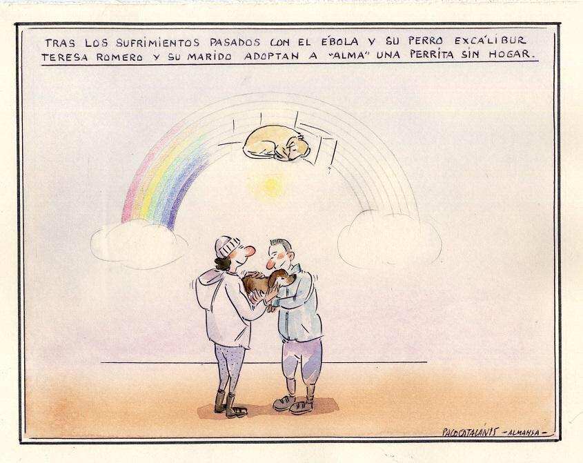 IgualdadAnimal's tweet photo. Preciosa viñeta de @pacoayora sobre la adopción de Alma por #TeresaRomero y su marido. #DEPExcalibur #AdoptaNoCompres http://t.co/Ndt8l1XqwG