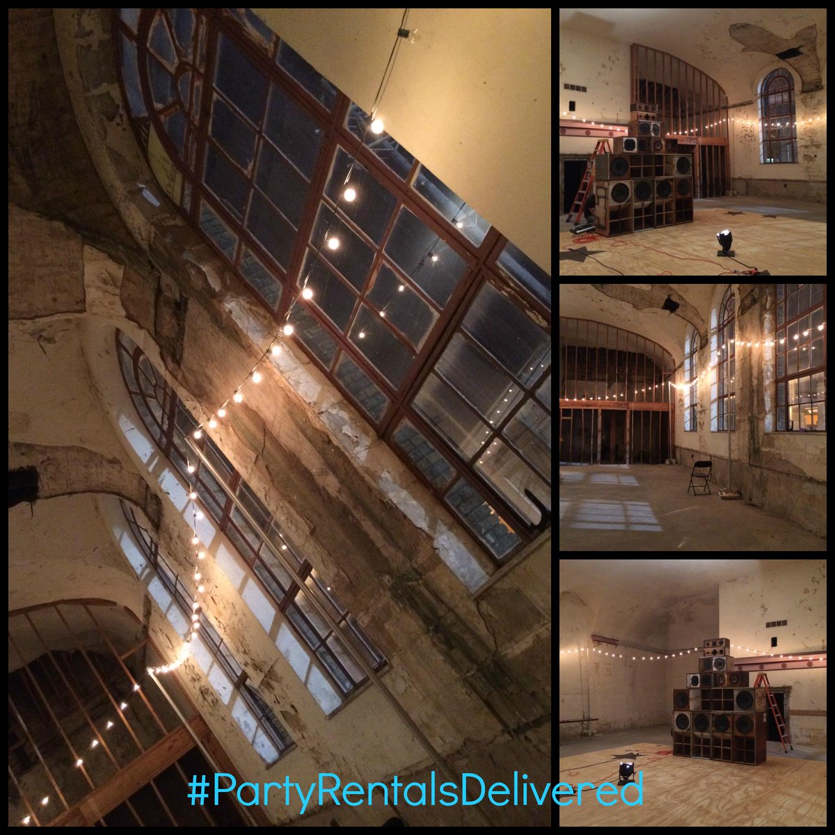 PartyRentalNOLA's tweet photo. We recently hung #bistrolights for a concert and #Prospect3 art exhibit held at the remarkable @TremeMarketBranch. http://t.co/D6UEbuqm92