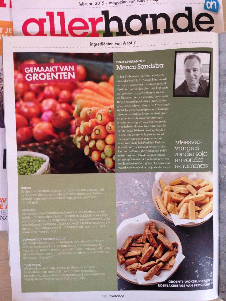 ProViand's tweet image. Nu in AH Allerhande: "Over nieuwe vleesvervangers zònder Soja en zònder E-nummers van ProViand. Het proeven waard!"