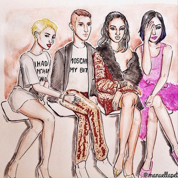 MCNationWorld's tweet photo. Dibujo hecho por una fan de Miley, Jeremy Scott, Katy Perry &amp; Rihanna. http://t.co/qcMGiBv9w5