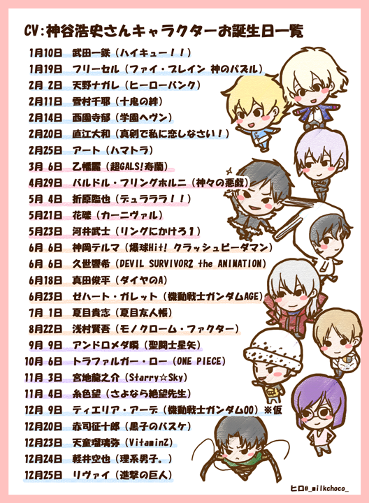 神谷さんのお誕生日はもちろん、演じられたキャラクターのお誕生日もお祝いしたい!ということで1年間まとめてみました。みんな祝うが良い!!!
※ティエリア以外非公式は載せていません。間違いあったらすみません。
#神谷浩史生誕祭2015