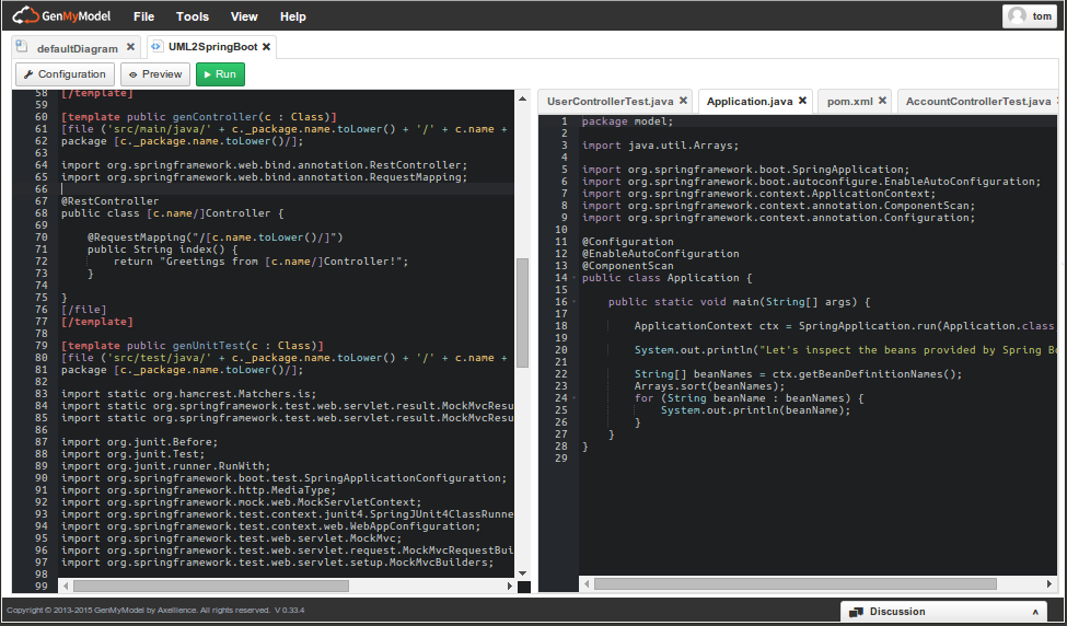 GenMyModel's tweet image. Get Spring Boot apps from diagrams. Edit code templates online with our Ace editor #cloud9ide #Spring #SpringBoot