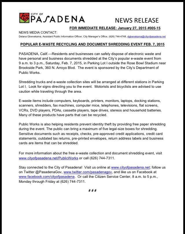 E-waste and document shredding will be held on February 7th
