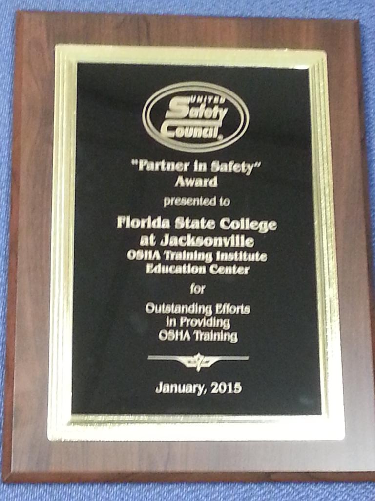 FSCJ_OTIEC's tweet photo. The Partner in Safety award from our friends at United Safety Council. http://t.co/VsuPFCTsjS