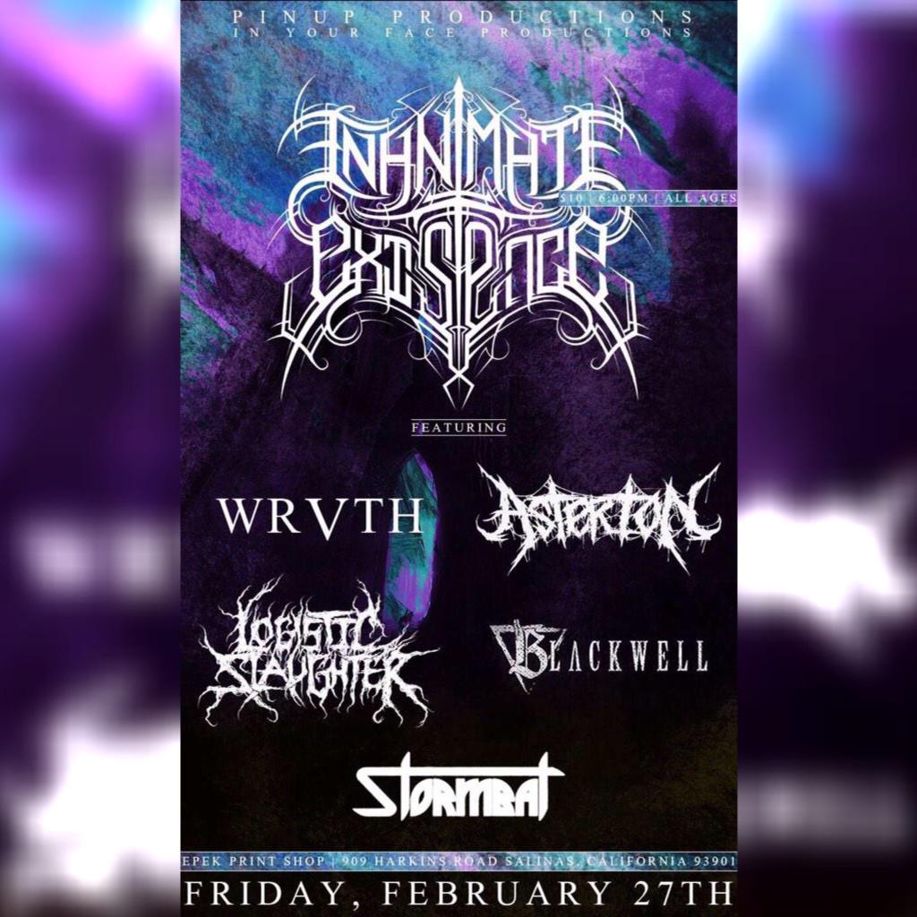 PinUpPresents's tweet photo. Feb 27th in SALINAS #InanimateExistance @wrvthofficial @AsterionShred #LogisticSlaughter @BLKWELLSF @stormbatband RT! http://t.co/aRfjkMa1rO