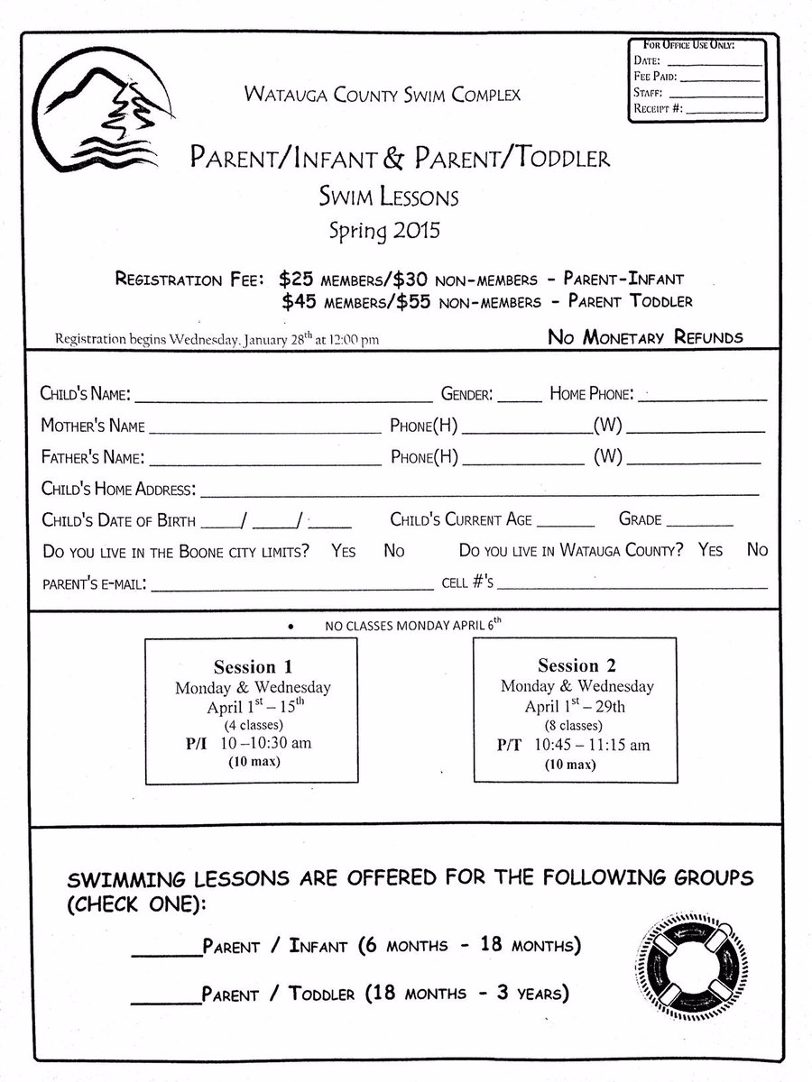 WataugaSwimComp's tweet photo. Registration now open for swim lessons for infants-adults.  See the forms pictured in this tweet for more info #Boone http://t.co/2WvbwkguiV