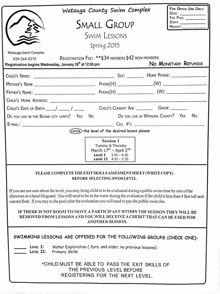 WataugaSwimComp's tweet photo. Registration now open for swim lessons for infants-adults.  See the forms pictured in this tweet for more info #Boone http://t.co/2WvbwkguiV