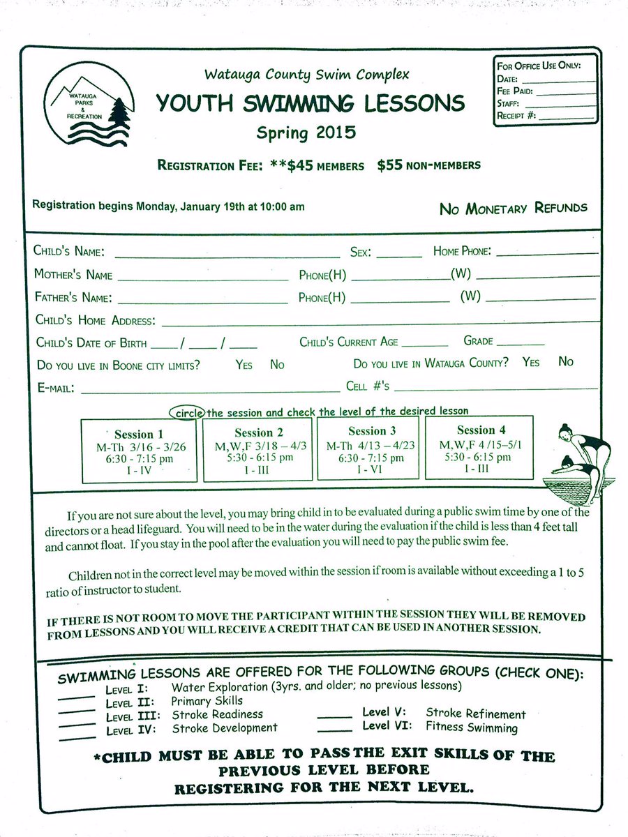 WataugaSwimComp's tweet photo. Registration now open for swim lessons for infants-adults.  See the forms pictured in this tweet for more info #Boone http://t.co/2WvbwkguiV