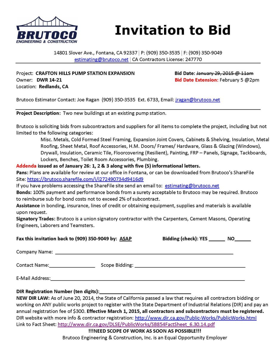 BrutocoOutreach's tweet photo. Invite to Bid on @CA_DWR Pump Station Expansion in #CityofRedlands #Bids on Feb 5. More info: http://t.co/wFOFaXbSag