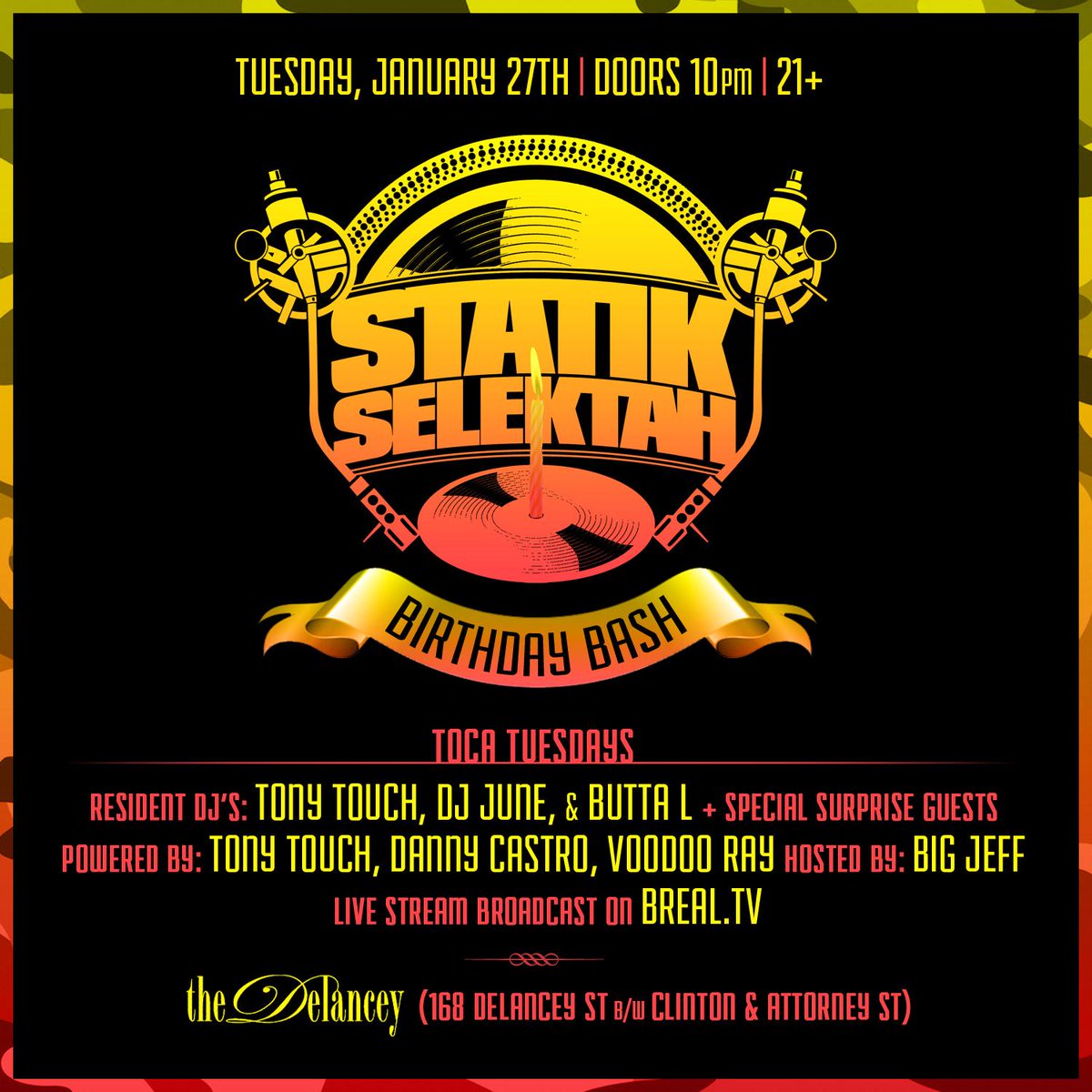 DuckDownMusic's tweet image. Ladies &amp;amp; Gs, get out the house &amp;amp; come celebrate @StatikSelekt's B-Day 2nite w/ @DJTONYTOUCH at @TheDelancey NYC