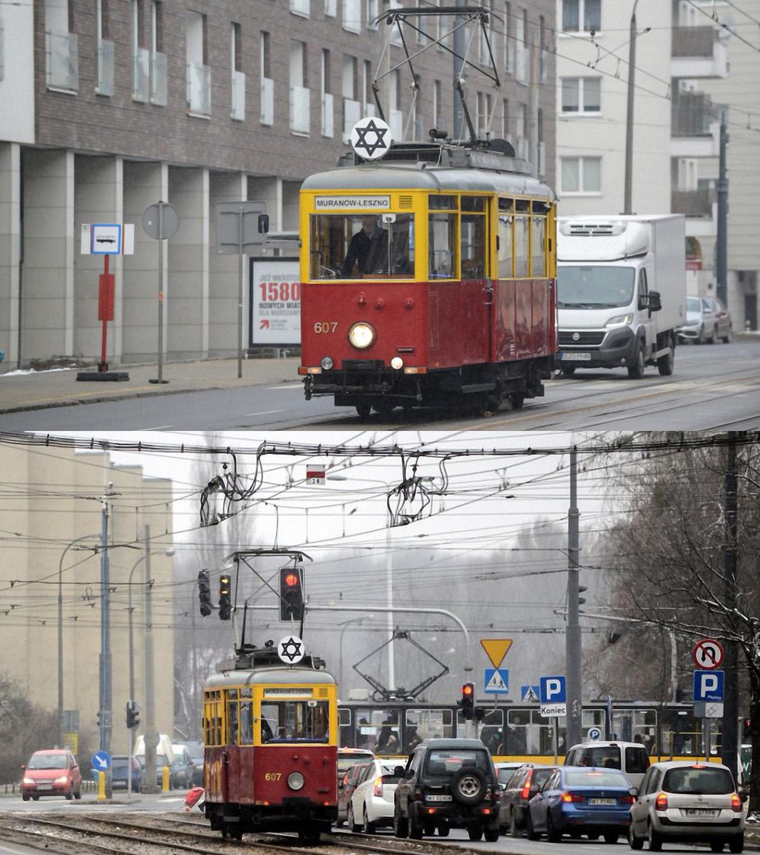 Anlässlich #Auschwitz70 fuhr heute diese historische Straßenbahn leer durch das damalige Warschauer Ghetto.