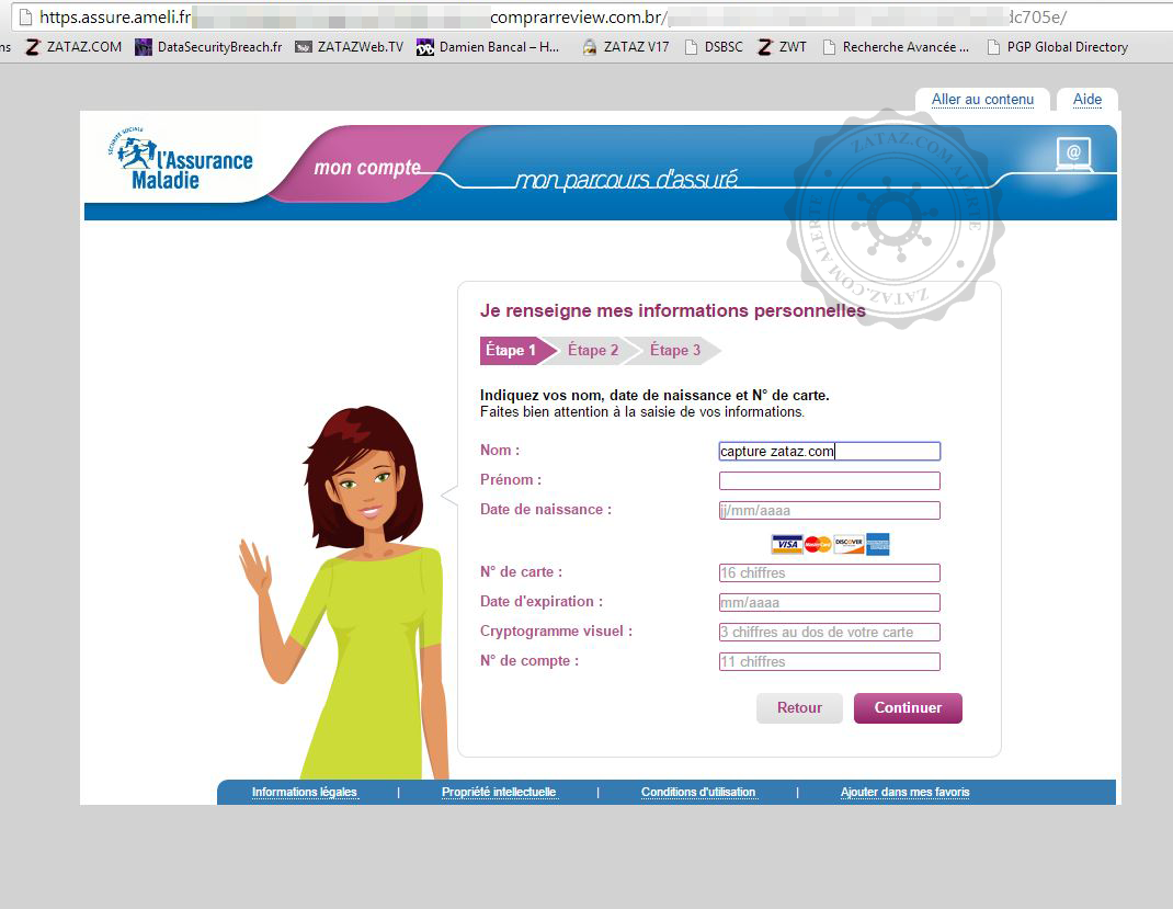 zataz's tweet photo. #phishing en cours aux couleurs   Assurance Maladie #ameli. Attention, le HTTPS est trompeur ! #rccyber #cyberdefense http://t.co/qNNRSf40TX