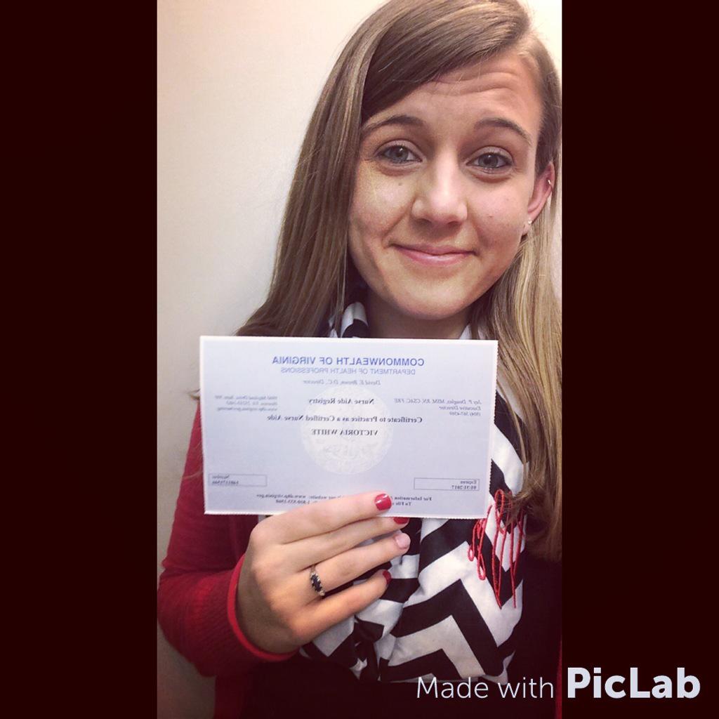 victoriawhite97's tweet photo. Soooo I got my CNA license 😁 #futureRN #justthefirststep http://t.co/wxIVLCE67Y