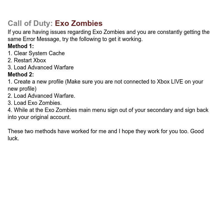 CoD_ExoZombies's tweet photo. Two ways to get onto Exo Zombies if you're receiving the Error Message which mentions removed DLC. #CallofDutyHelp http://t.co/rVW0C3updF