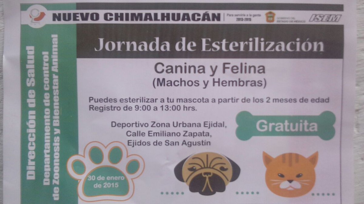 IvanRodriguezC4's tweet photo. JORNADA DE ESTERILIZACION GRATUITA, INCLUYENDO VACUNA DE LA RABIA, INFORMES AL 26357984 @zoonosis de @chimalhuacanfc http://t.co/s2nUy4o8i0