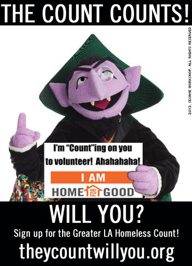 HomeForGoodLA's tweet photo. Everyone can count...its easy! Join @LAUnitedWay @HomeForGoodLA &amp; @CountVonCount for the 2015 @LAHomelessCount! http://t.co/M54VlokL7g