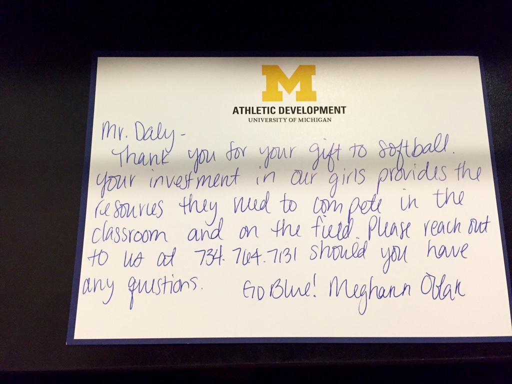 RNJ13's tweet image. Thx @supportmgoblue and @megcswid for the awesome card! Always happy to support @umichsoftball! Go Blue!