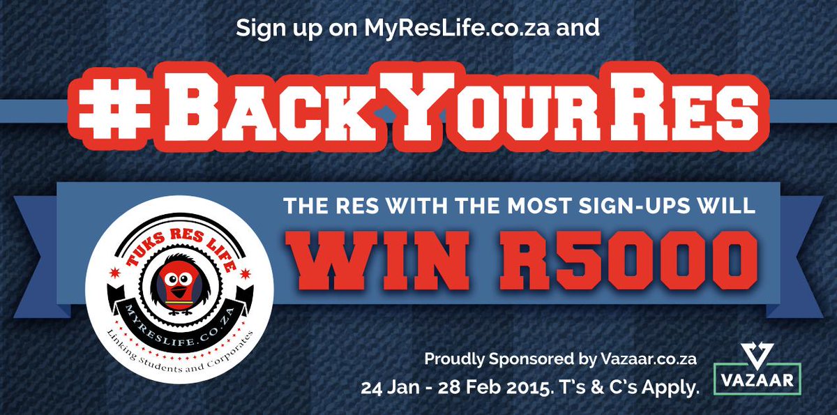 Have you signed up to #BackYourRes? Sign up and help your res win R5000 cash. Go to myreslife.co.za. #Tuks