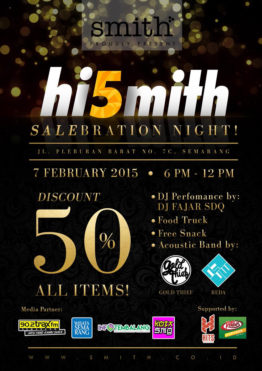 7 Feb: #hi5mith at <a href="/aboutsmithSMG/">House of Smith SMG</a> Jl. Pleburan Barat No. 7C. DISC 50% ALL ITEMS!!! Starts 18.00-24.00 WIB.