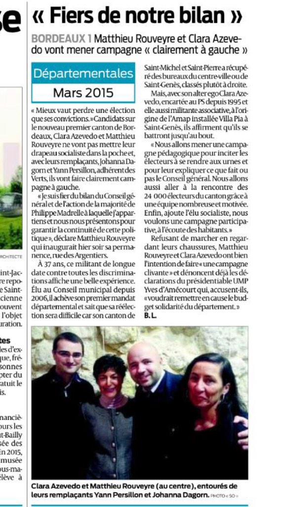 CantonBordeaux1's tweet photo. Sur @sudouest ce matin : "Fiers de notre bilan"! #Départementales2015 #Bordeaux1 http://t.co/eLQ5ctLbDk