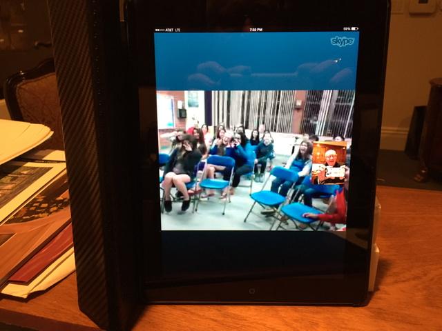 OCBishop's tweet photo. On "Skype" with 8th grade religious education students at St. John Neumann parish in Irvine, CA. http://t.co/HVLy6B7dT3