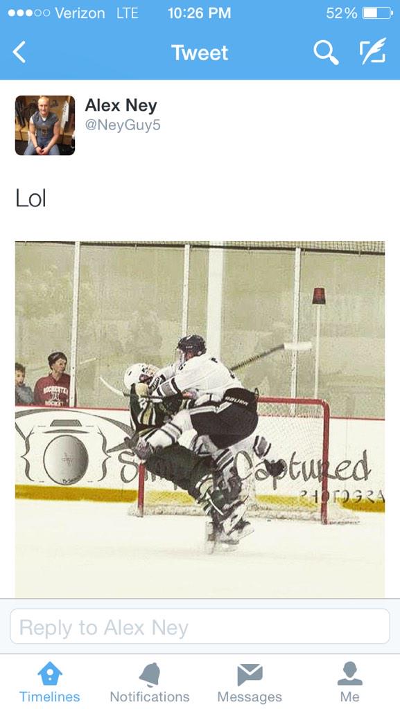 FollowThePuck's tweet photo. CRUSHED!  Was this tonight? Looks like a Mayo player is the crushee. ???? RT @jacob81019: Goon squad @FollowThePuck http://t.co/vTjewNQ6Od