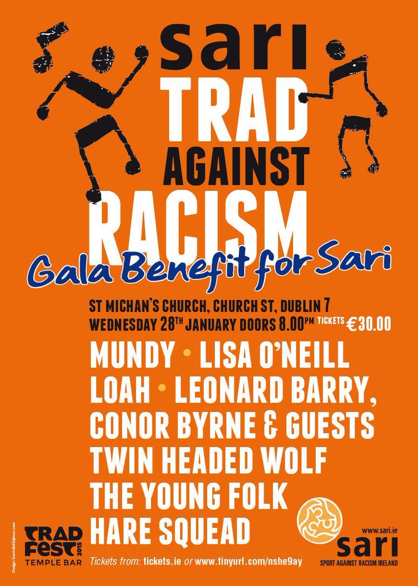 TONIGHT @mundyirl @TwinHeadedWolf @lisaoneillmusic @sariireland 'Trad Against Racism' Gala fundraiser @TempleBarTrad