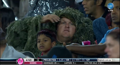 sportsbetcomau's tweet photo. Mark Cosgrove in disguise at Manuka? #BBL04 #BigFinal http://t.co/MoMSUEzv5H