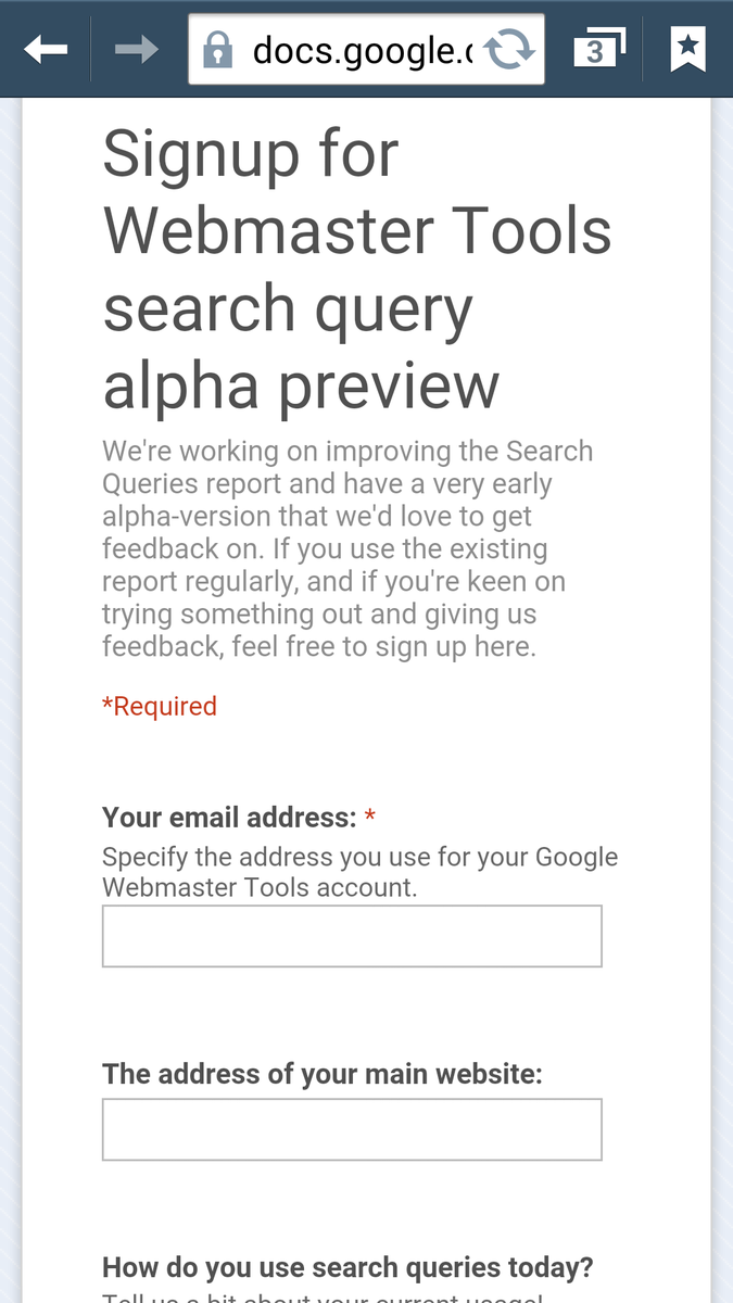 WaissHashemi's tweet photo. Just signed up for GWTs search query alpha preview :) http://t.co/bhOkdymliQ