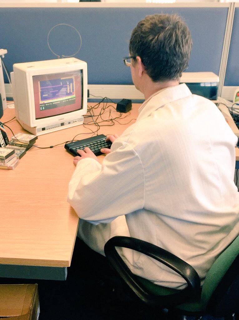 smartmadesimple's tweet photo. Lunch time fun! Forgetting it's taken half our lunch break to load the game, minor details #manicminor #zxspectrum http://t.co/JC4zLgWEUC