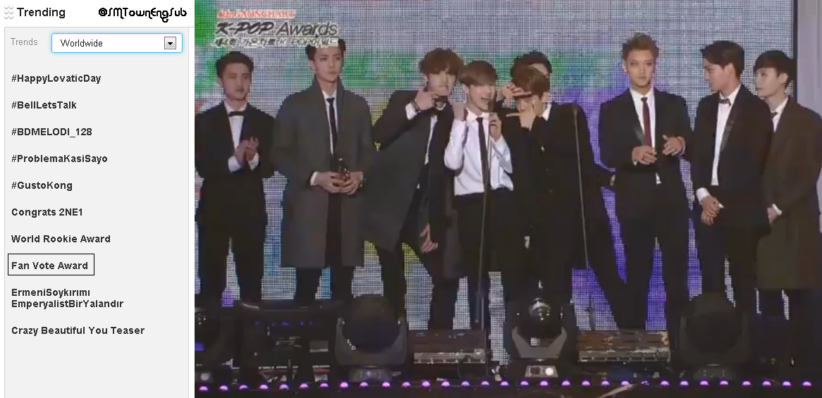 EXOprecious's tweet photo. "@SMTownEngSub: EXO's "Fan Vote Award" is trending #8 Worldwide http://t.co/eyQxSA4qBh"