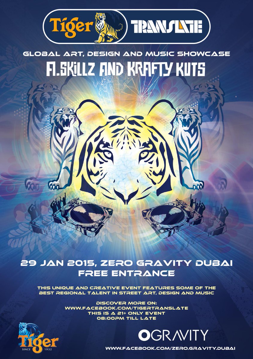 Zerogravitydxb's tweet photo. Are you ready to #uncagethetiger and UNLEASH the weekend? @TigerTransUAE with @Krafty_Kuts and @A_SKILLZ is coming... http://t.co/Cw7adpBMlj
