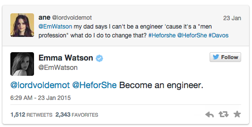 HeForShe's tweet photo. MT @BuzzFeed @EmWatson told a young girl to ignore her dad’s advice and be an engineer http://t.co/7AQDekMdKA http://t.co/xfAXocUiWk