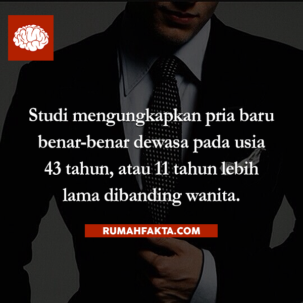rumahfakta's tweet photo. Studi mengungkapkan pria baru benar-benar dewasa pada usia 43 tahun, atau 11 tahun lebih lama dibanding wanita. http://t.co/Uv9rQr1heP