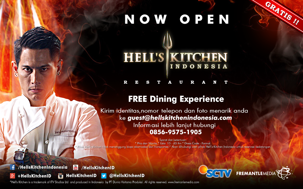 HellsKitchenID's tweet photo. Mau makan malam GRATIS di restoran #HellsKitchenID @SCTV_? Kirim bio+foto ke guest@hellskitchenindonesia.com http://t.co/jKghgfh4Hq