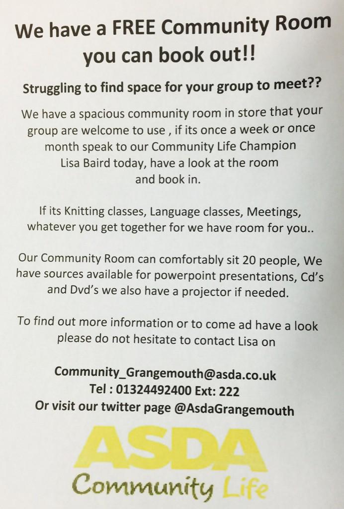 AsdaGrangemouth's tweet photo. #communityspace get in contact today to get booked in #Asda #communitylife http://t.co/ogTM21gZDC