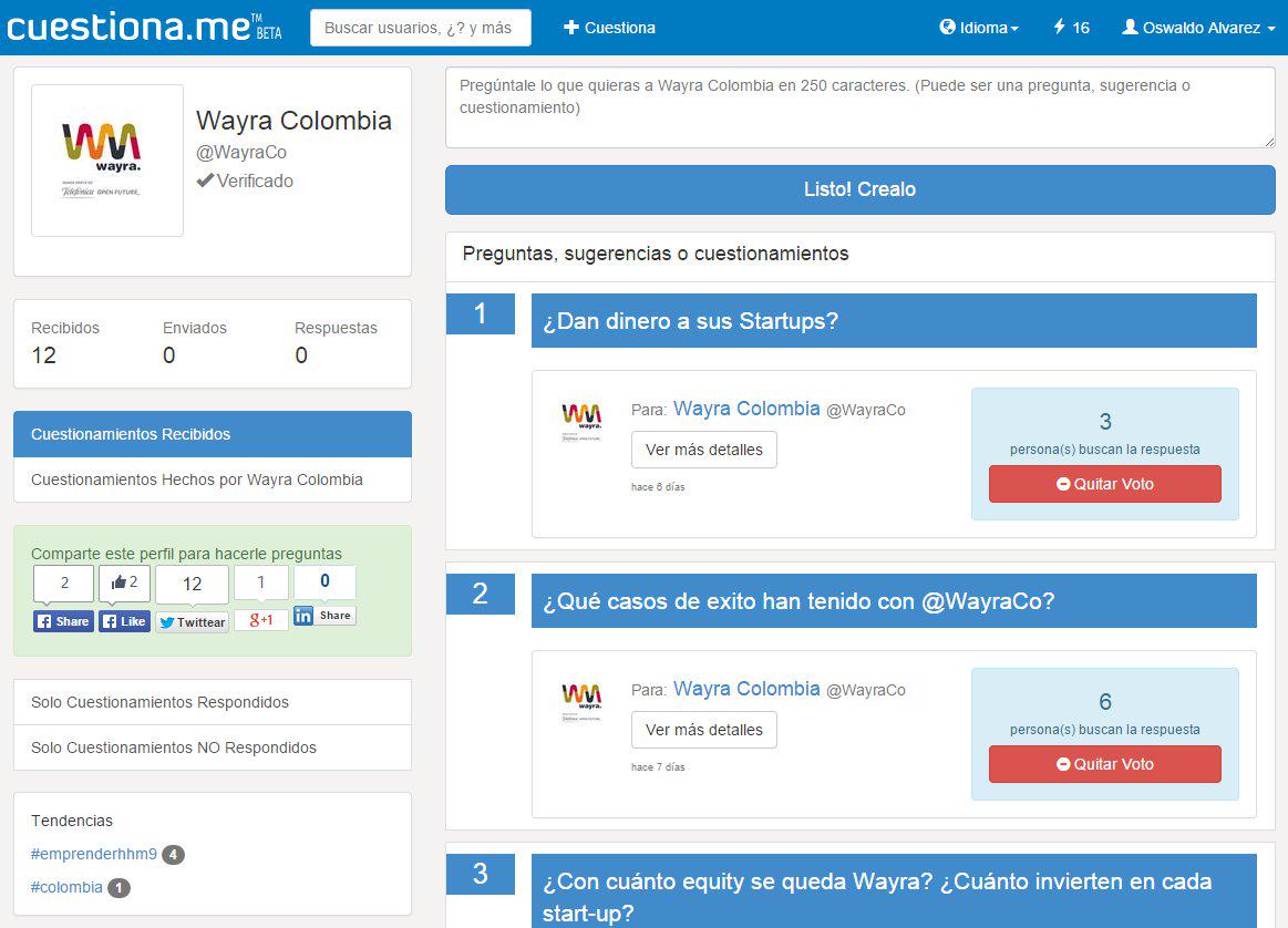 Cuestiona_me's tweet photo. Perfil de @wayraCO en @cuestiona_me -> http://t.co/idJ4KFD4gY pueden VOTAR por preguntas existentes o crear una nueva http://t.co/G1sMuSqxlR