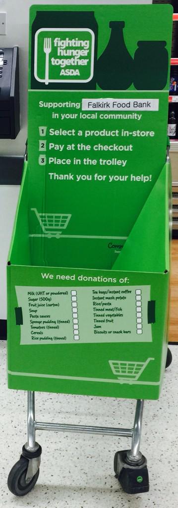 AsdaGrangemouth's tweet photo. We are now a drop off point all year round for @FalkirkFoodBank our trolley is beside the community board instore http://t.co/YthR5OCfdE