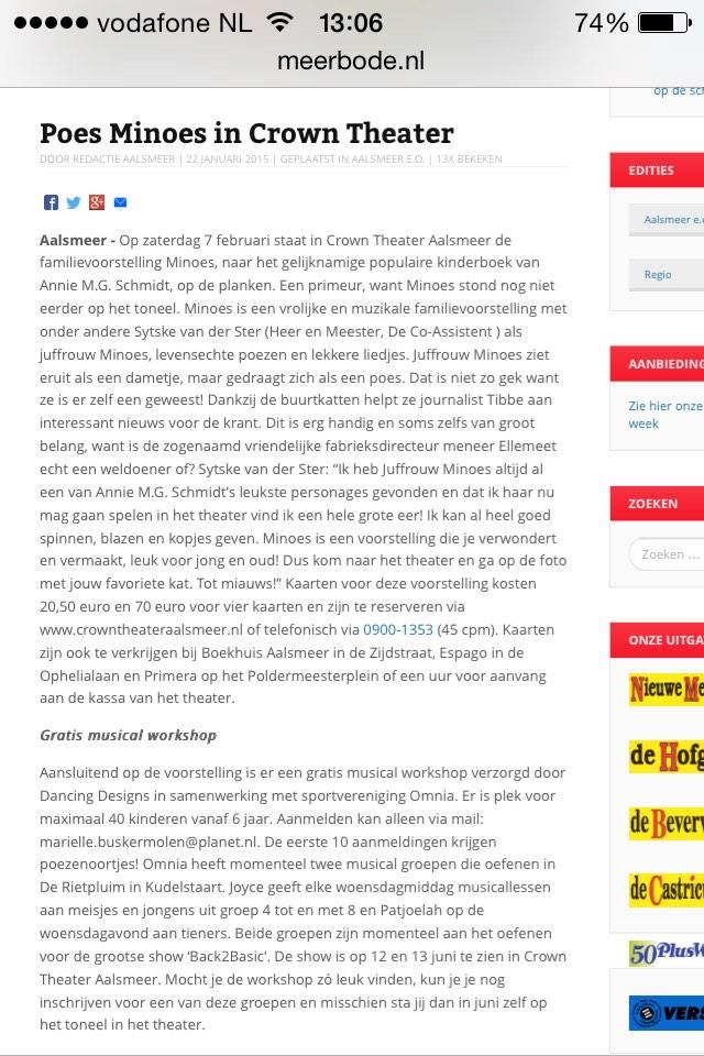 Minoes in Crown Theater. Koop je kaartjes en geef je nu op voor de workshop, mail naar marielle.buskermolen@planet.nl