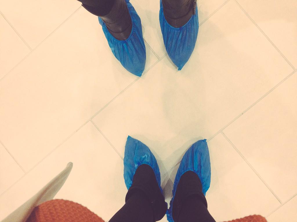 spaprcompany's tweet photo. The glamorous lives of Spa PR... Plastic blue shoes to view spas! @SpaVoice #spa http://t.co/8TpF0M58U3