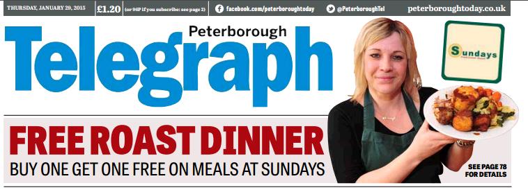 pboroSport's tweet photo. #offer in Thursday's PT: Free roast dinner - buy one get one free on meals at Sundays in #Peterborough http://t.co/0jt8l9px5u